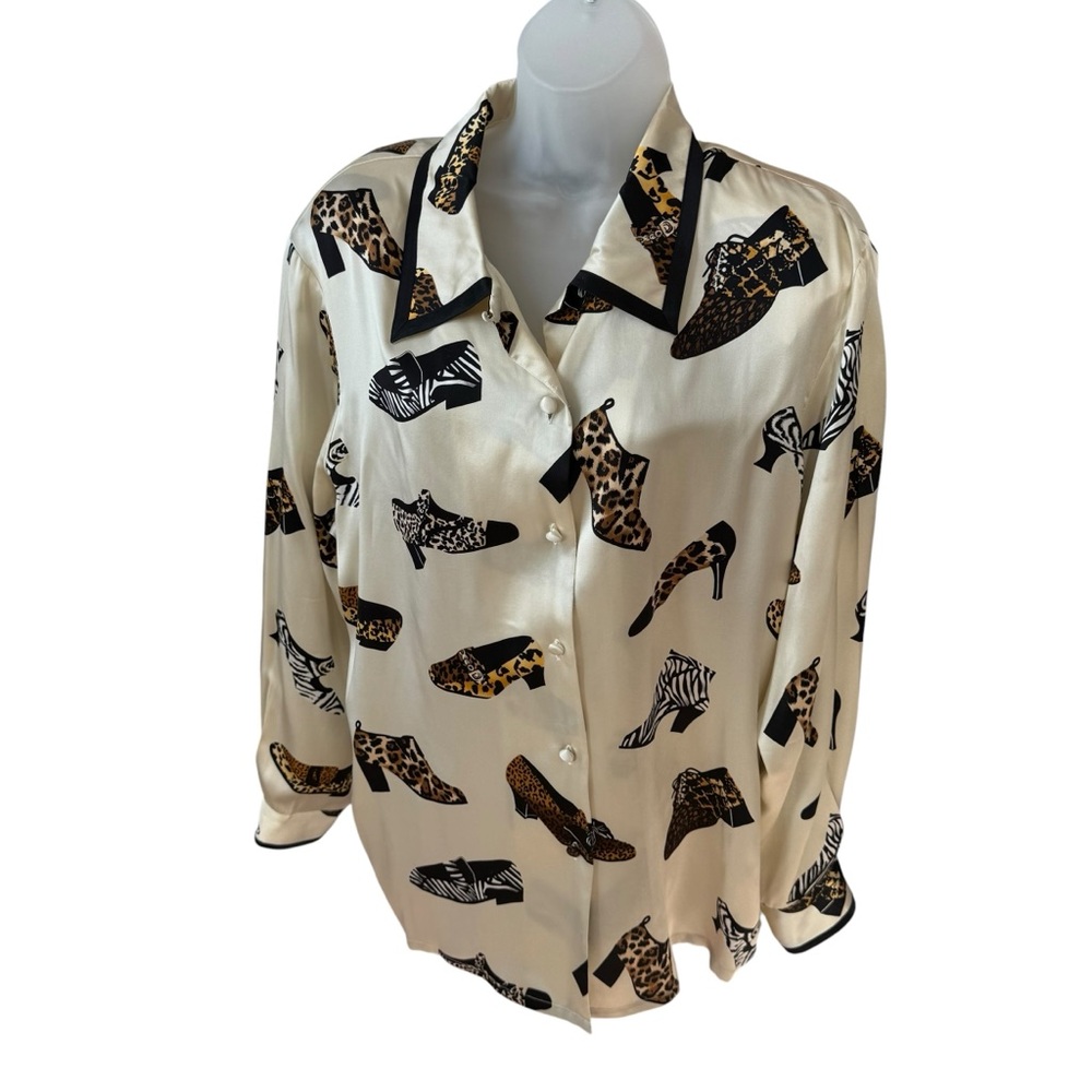 Vtg Corey B New York Womens Silk Blouse Sz 1x Ivory black animal print shoes top